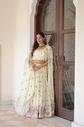 Lorenvalley Fashion Cream Vichitra Silk With Sequins & Zari & Thread Multi Embroidered work Lehenga Choli with Dupatta | Grocsy