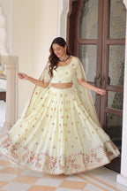 Lorenvalley Fashion Cream Vichitra Silk With Sequins & Zari & Thread Multi Embroidered work Lehenga Choli with Dupatta | Grocsy