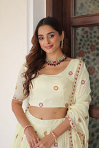 Lorenvalley Fashion Cream Vichitra Silk With Sequins & Zari & Thread Multi Embroidered work Lehenga Choli with Dupatta | Grocsy