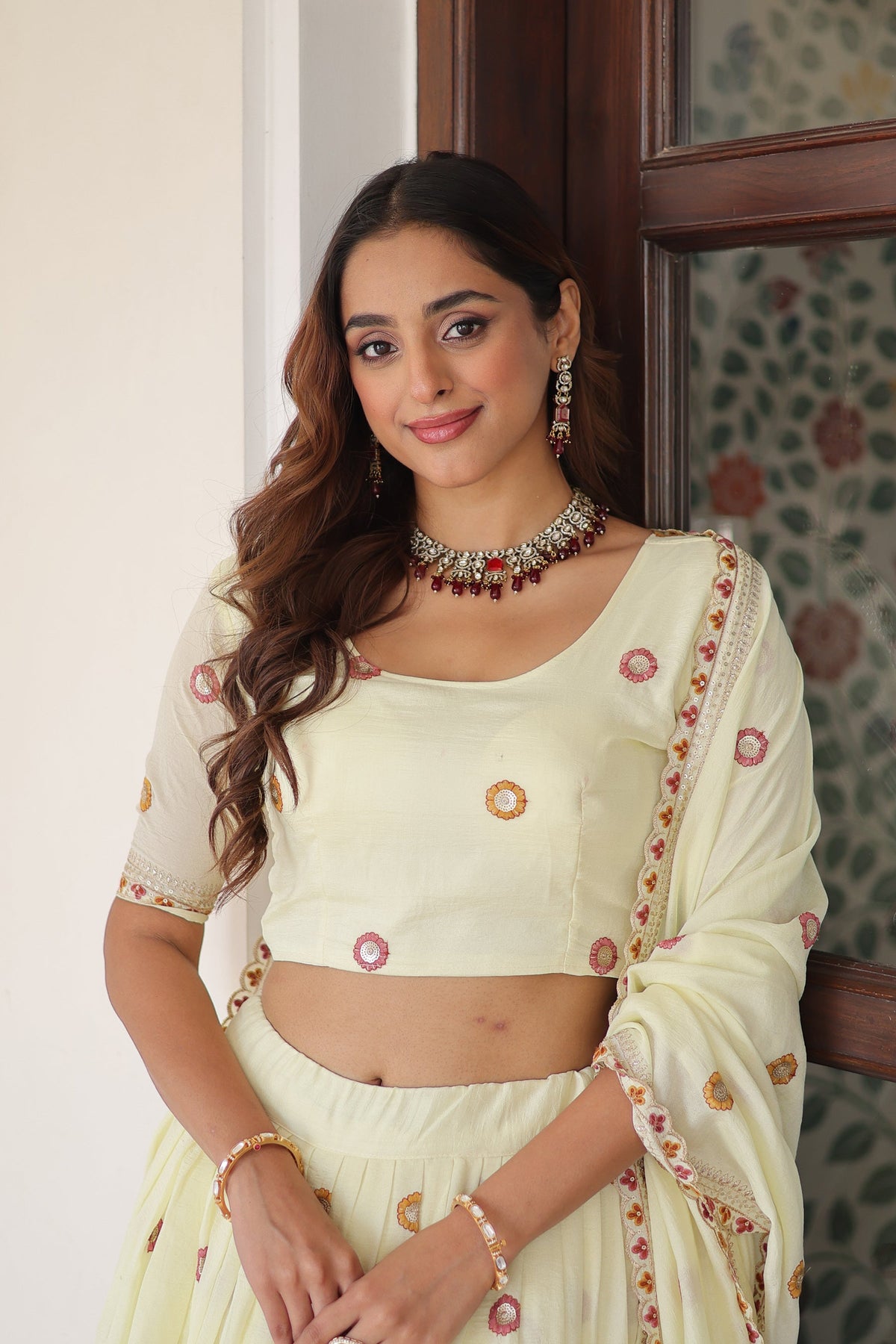 Lorenvalley Fashion Cream Vichitra Silk With Sequins & Zari & Thread Multi Embroidered work Lehenga Choli with Dupatta | Grocsy