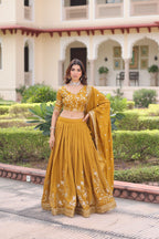 Lorenvalley Fashion Yellow NC Vichitra Silk Sequins & Zari Embroidered Work Lehenga Choli with Dupatta | Grocsy