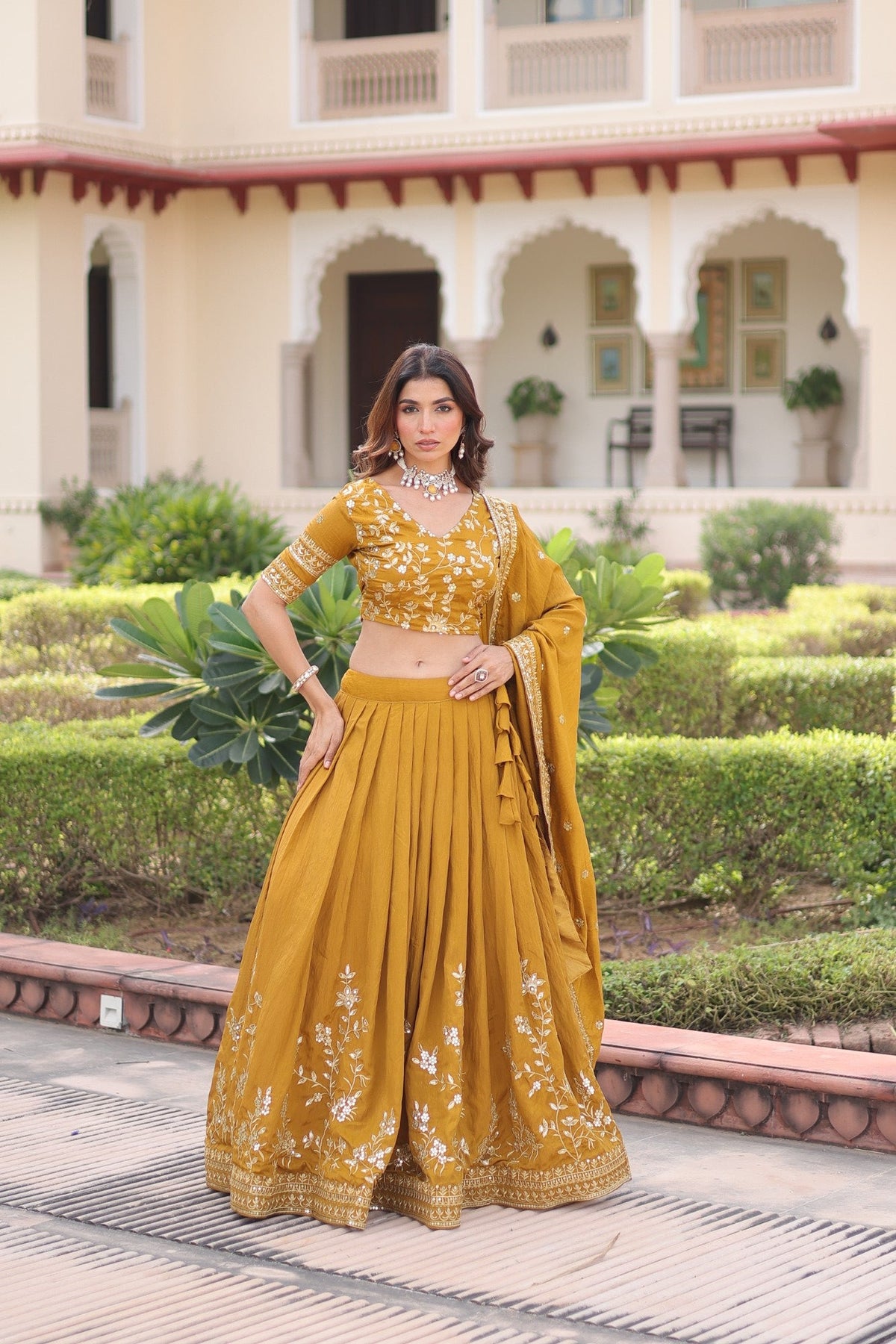 Lorenvalley Fashion Yellow NC Vichitra Silk Sequins & Zari Embroidered Work Lehenga Choli with Dupatta | Grocsy