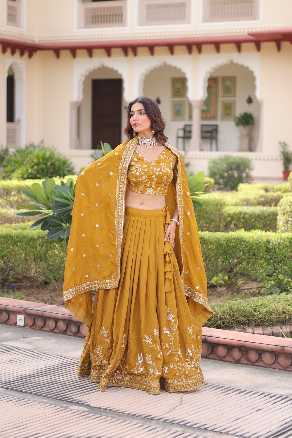 Lorenvalley Fashion Yellow NC Vichitra Silk Sequins & Zari Embroidered Work Lehenga Choli with Dupatta | Grocsy