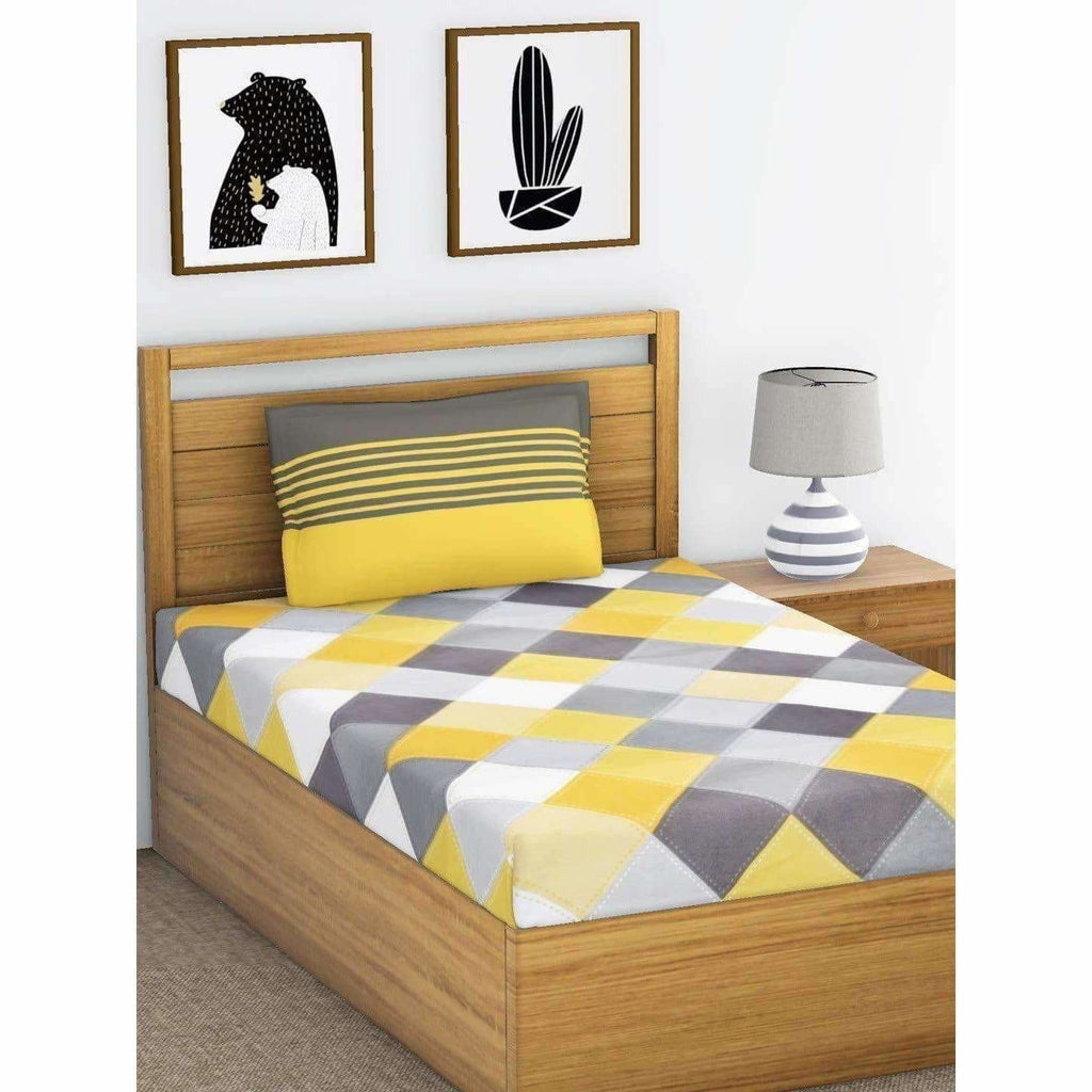 Cotton Double Bedsheet with 2 Pillow Covers - Yellow and Grey | Grocsy