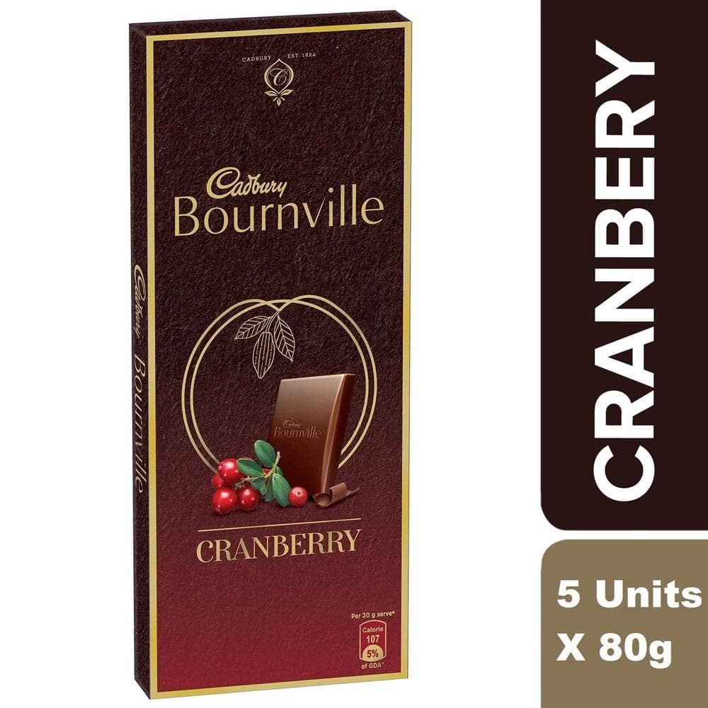 Cadbury Bournville Dark Chocolate Bar with Cranberry, 80g (Pack of 5) | Grocsy