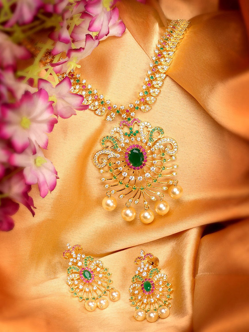 Saraf RS Jewellery Women Gold-Toned & Multi-Coloured CZ-Studded Handcrafted Jewellery Set | Grocsy
