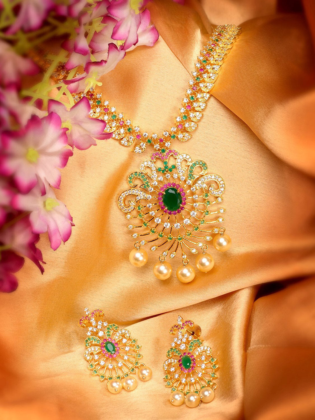 Saraf RS Jewellery Women Gold-Toned & Multi-Coloured CZ-Studded Handcrafted Jewellery Set | Grocsy
