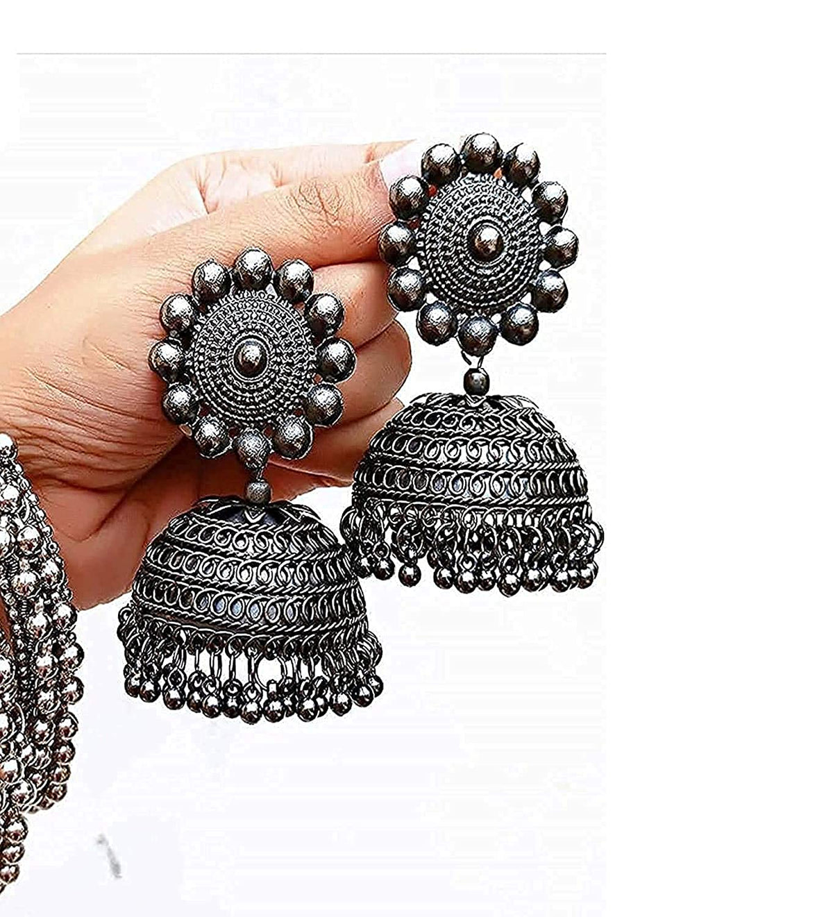 Rhodium-Plated Alloy Black Metallic Jhumki Earrings - The Pari