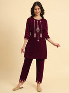 Yufta Magenta Velvet embroidered Co Ord Set With Cotton Lining | Grocsy