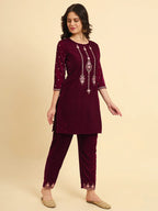 Yufta Magenta Velvet embroidered Co Ord Set With Cotton Lining | Grocsy