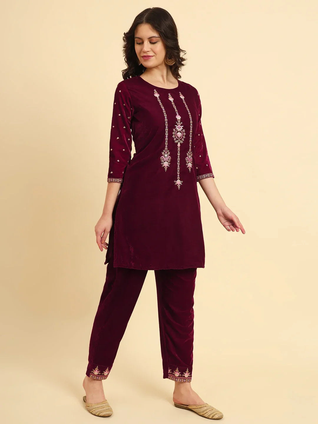 Yufta Magenta Velvet embroidered Co Ord Set With Cotton Lining | Grocsy