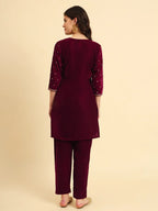 Yufta Magenta Velvet embroidered Co Ord Set With Cotton Lining | Grocsy