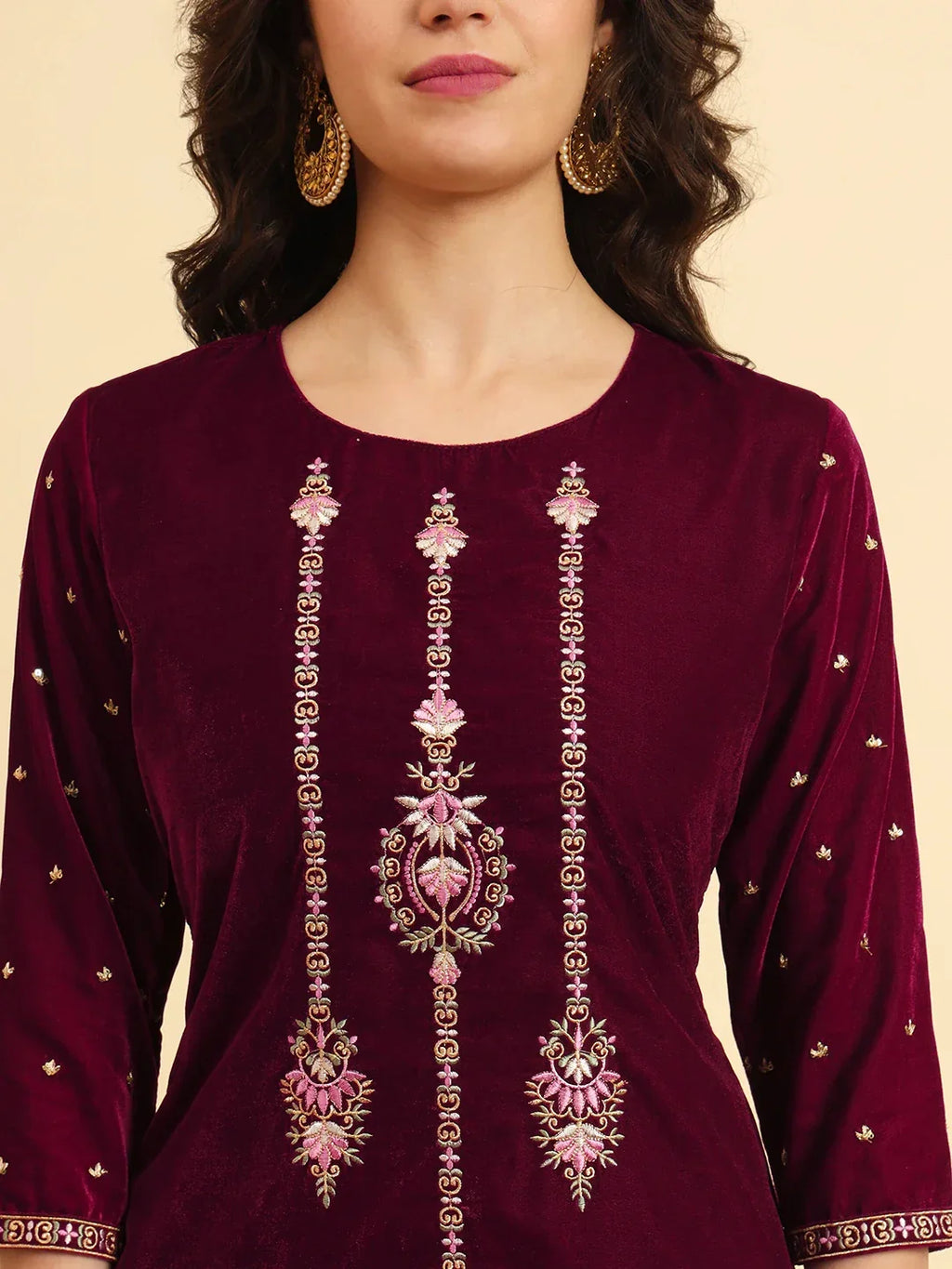 Yufta Magenta Velvet embroidered Co Ord Set With Cotton Lining | Grocsy