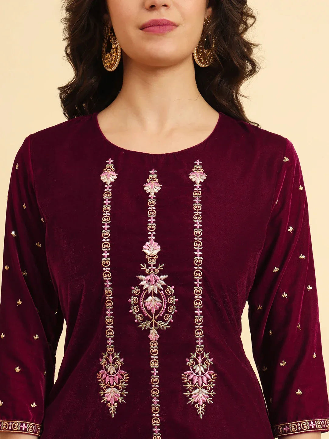 Yufta Magenta Velvet embroidered Co Ord Set With Cotton Lining | Grocsy