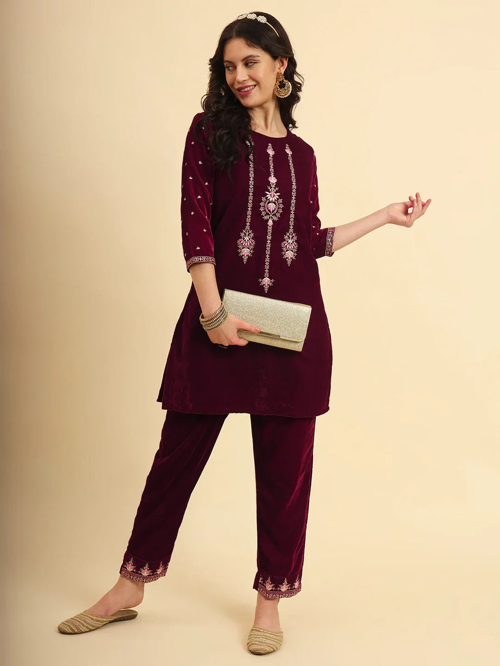 Yufta Magenta Velvet embroidered Co Ord Set With Cotton Lining | Grocsy