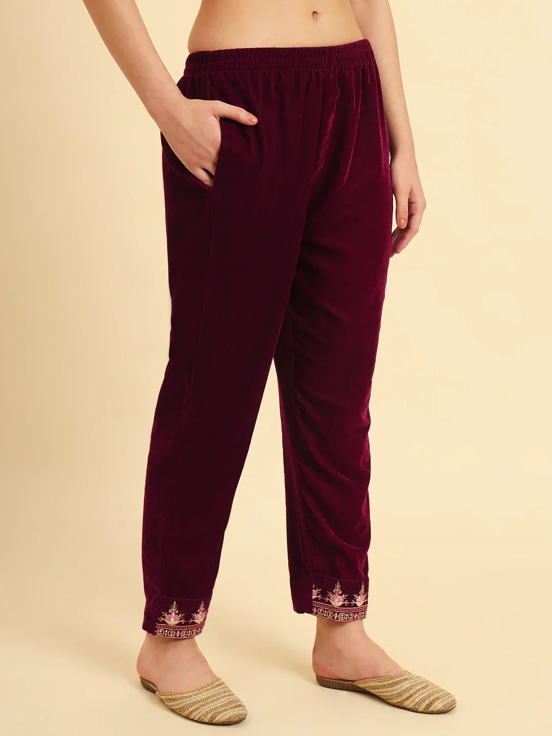 Yufta Magenta Velvet embroidered Co Ord Set With Cotton Lining | Grocsy
