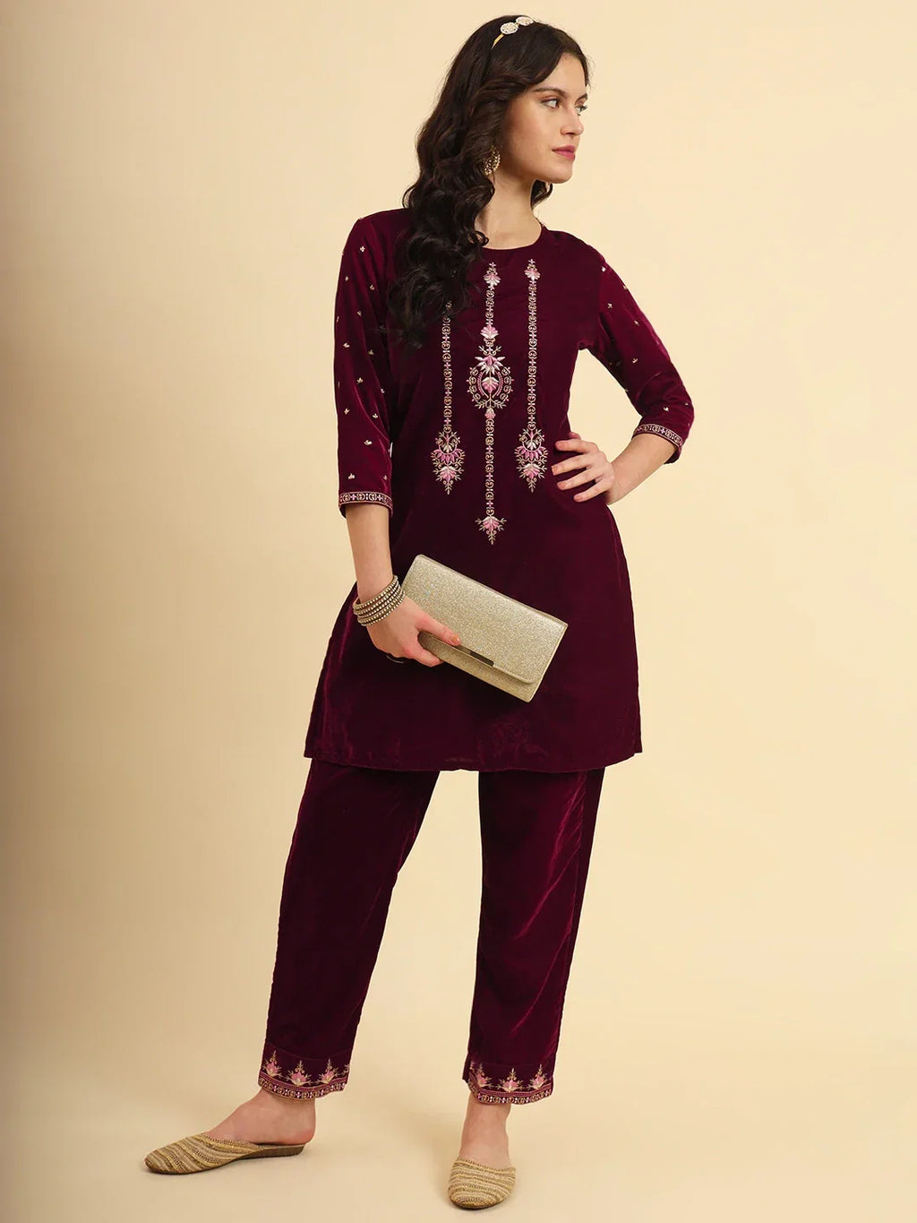 Yufta Magenta Velvet embroidered Co Ord Set With Cotton Lining | Grocsy