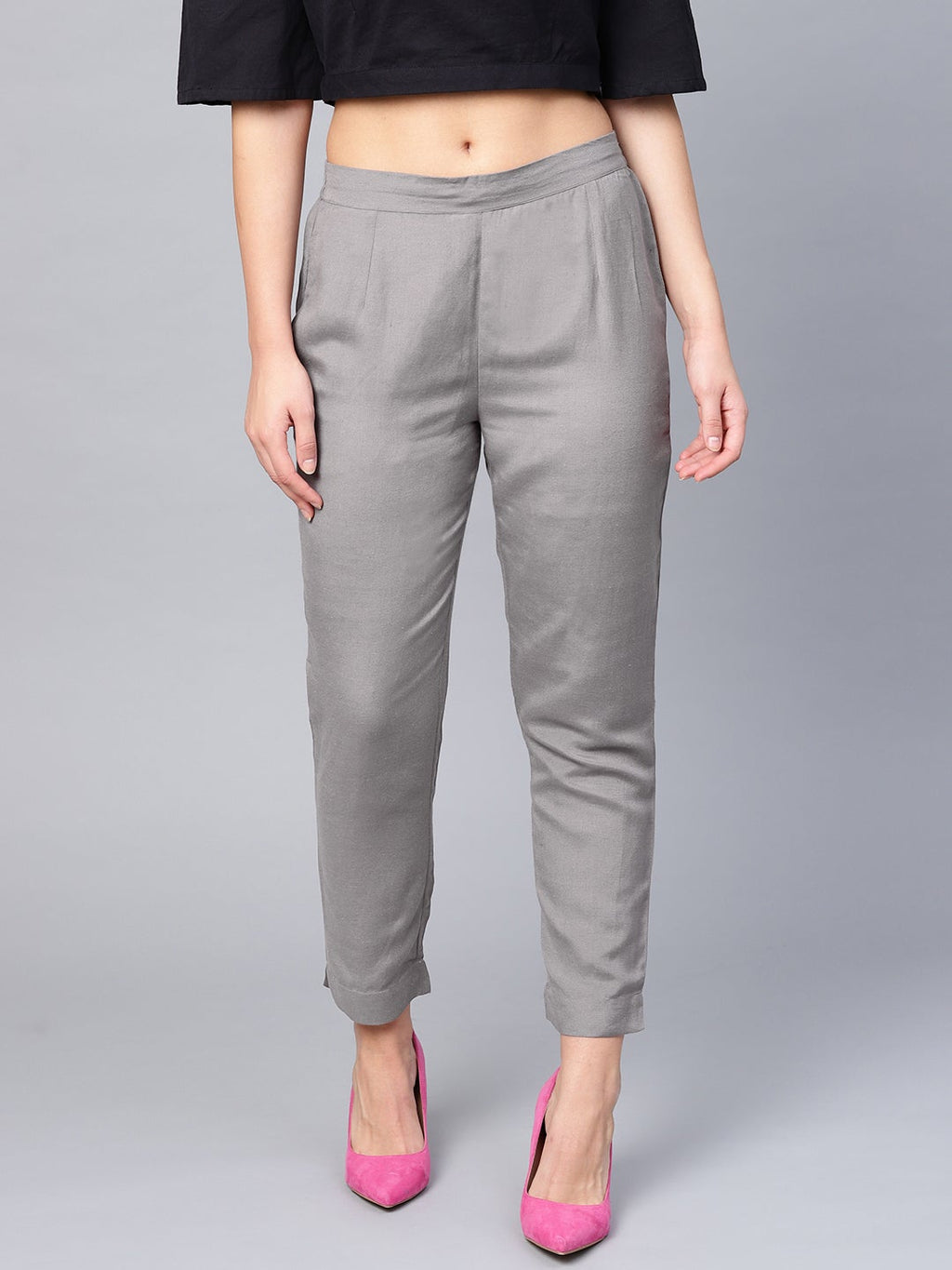Juniper Grey Solid Rayon Flex Slim Fit Women Pants With Two Pockets | Grocsy