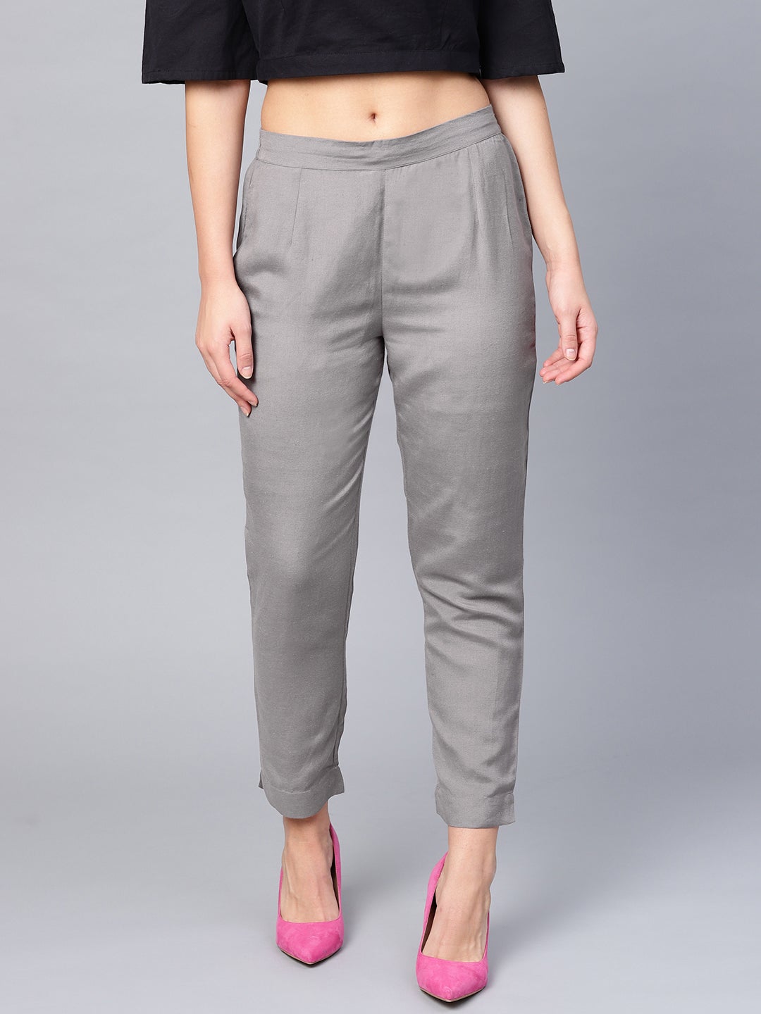 Juniper Grey Solid Rayon Flex Slim Fit Women Pants With Two Pockets | Grocsy