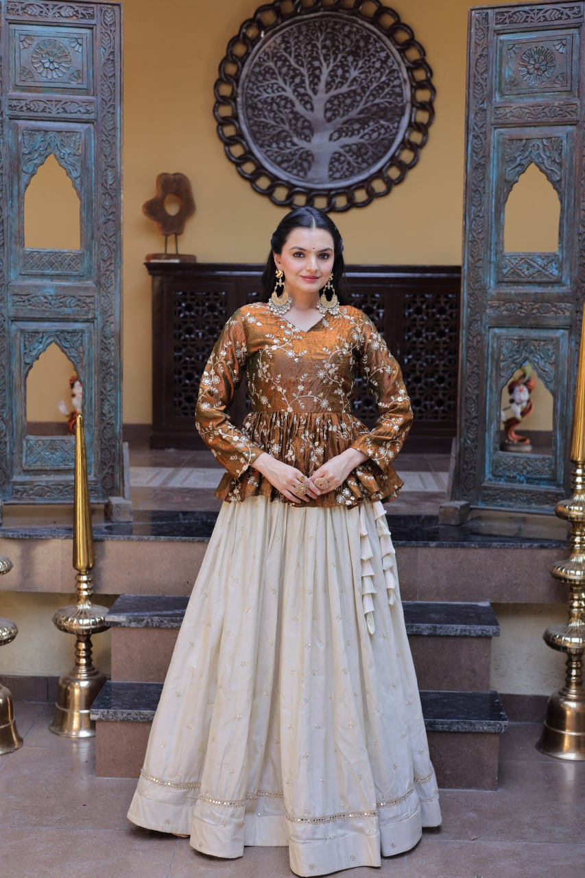 Lorenvalley Fashion Offwhite Cosmos Fabrics with Sequins & Zari Embroidered With Mirror Lace Work Lehenga Choli | Grocsy