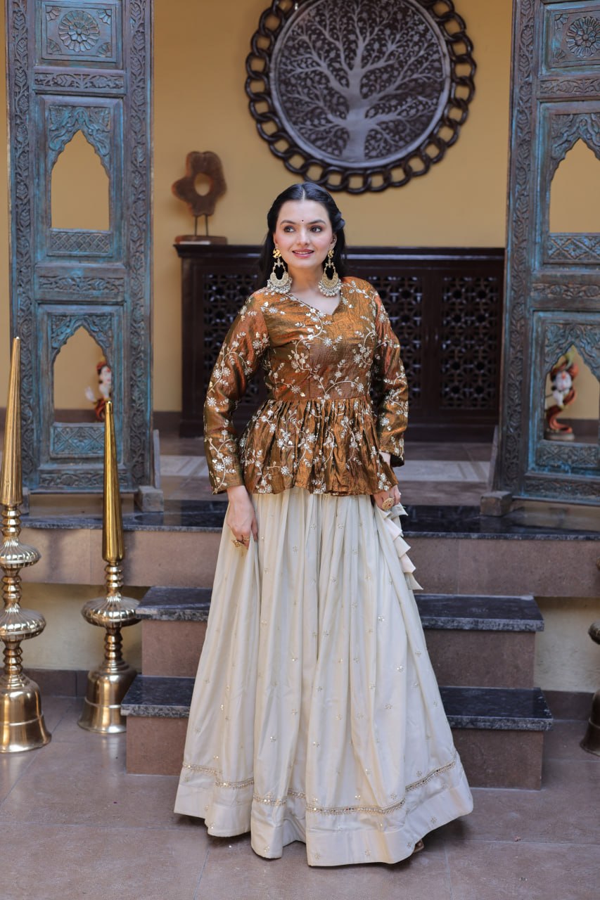 Lorenvalley Fashion Offwhite Cosmos Fabrics with Sequins & Zari Embroidered With Mirror Lace Work Lehenga Choli | Grocsy