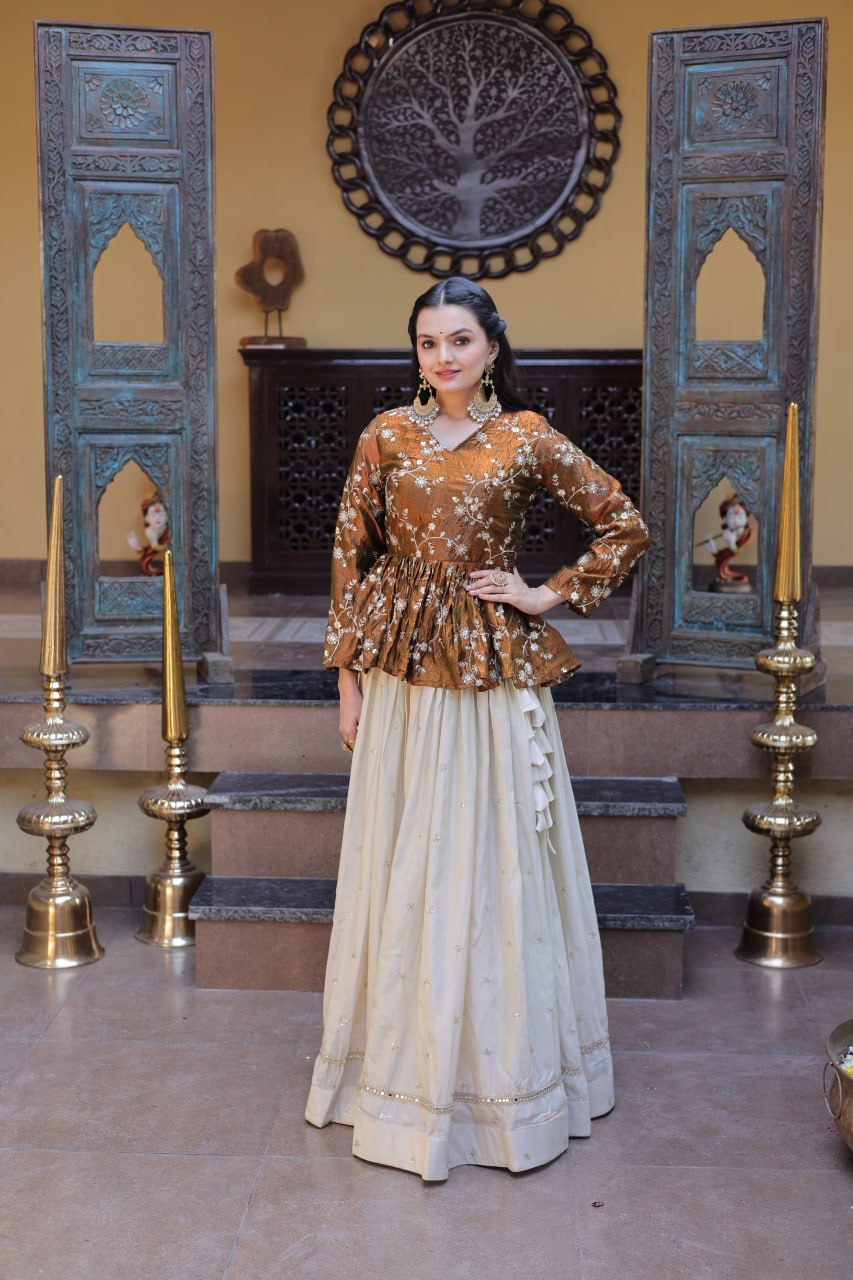 Lorenvalley Fashion Offwhite Cosmos Fabrics with Sequins & Zari Embroidered With Mirror Lace Work Lehenga Choli | Grocsy