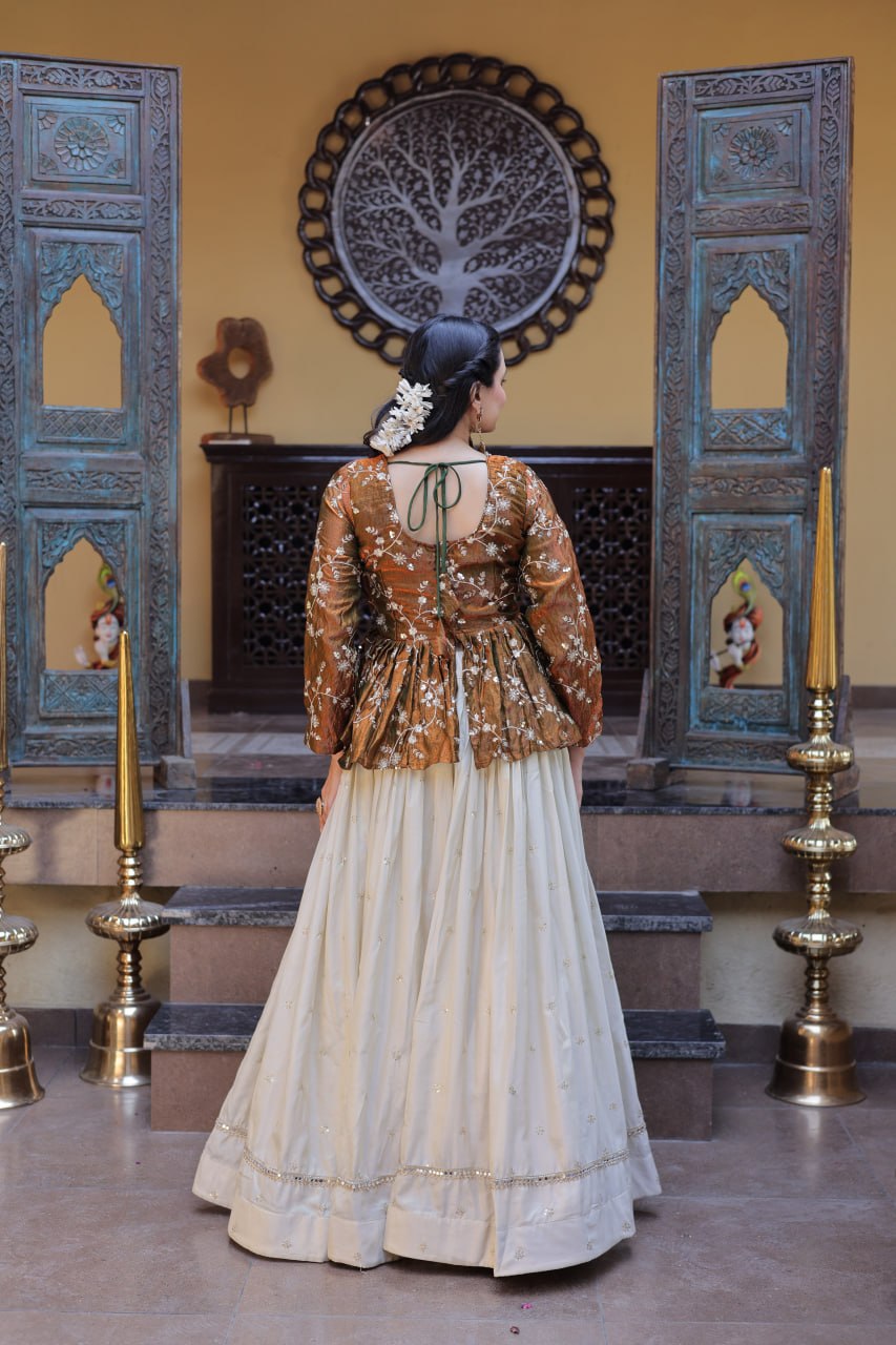 Lorenvalley Fashion Offwhite Cosmos Fabrics with Sequins & Zari Embroidered With Mirror Lace Work Lehenga Choli | Grocsy