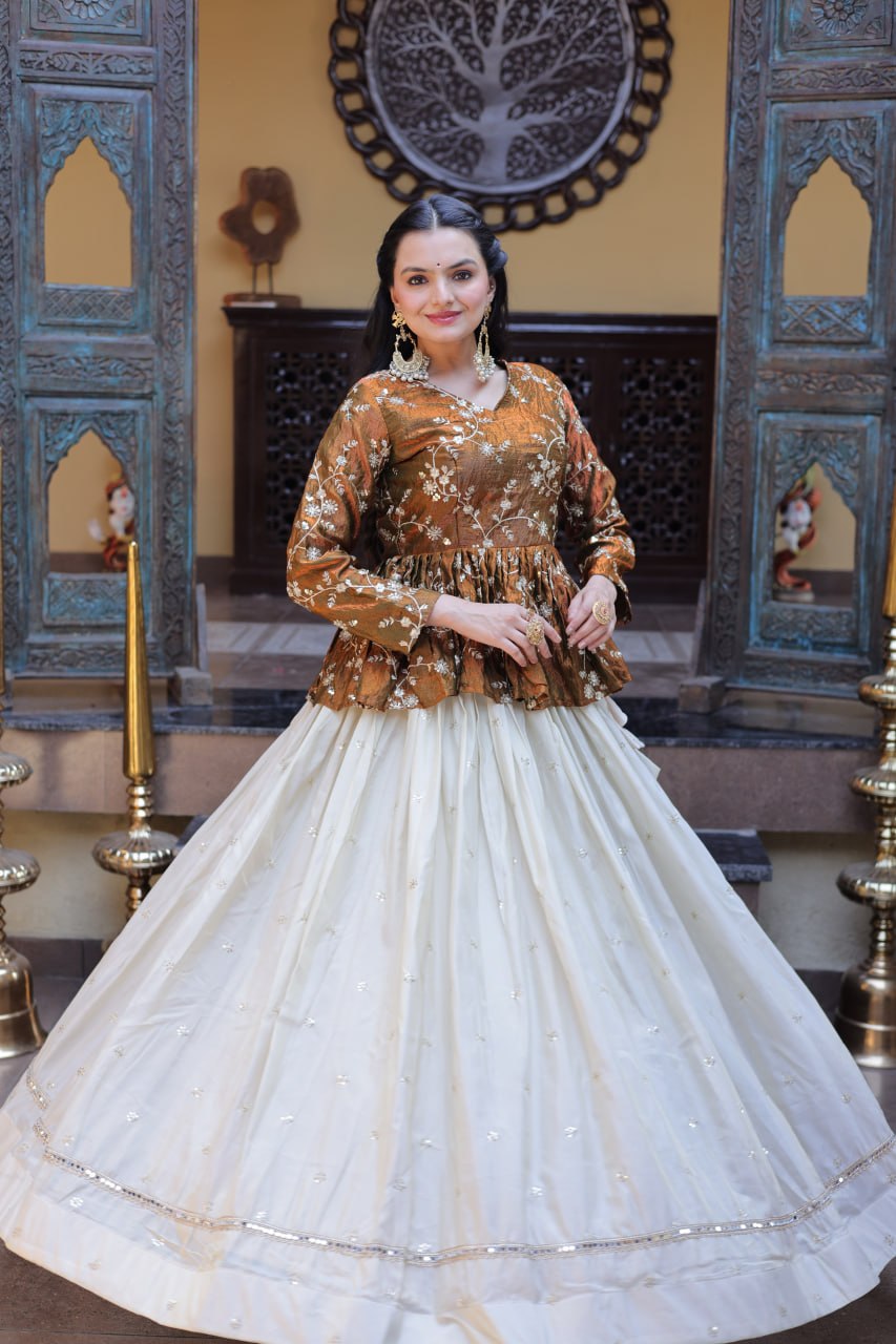 Lorenvalley Fashion Offwhite Cosmos Fabrics with Sequins & Zari Embroidered With Mirror Lace Work Lehenga Choli | Grocsy