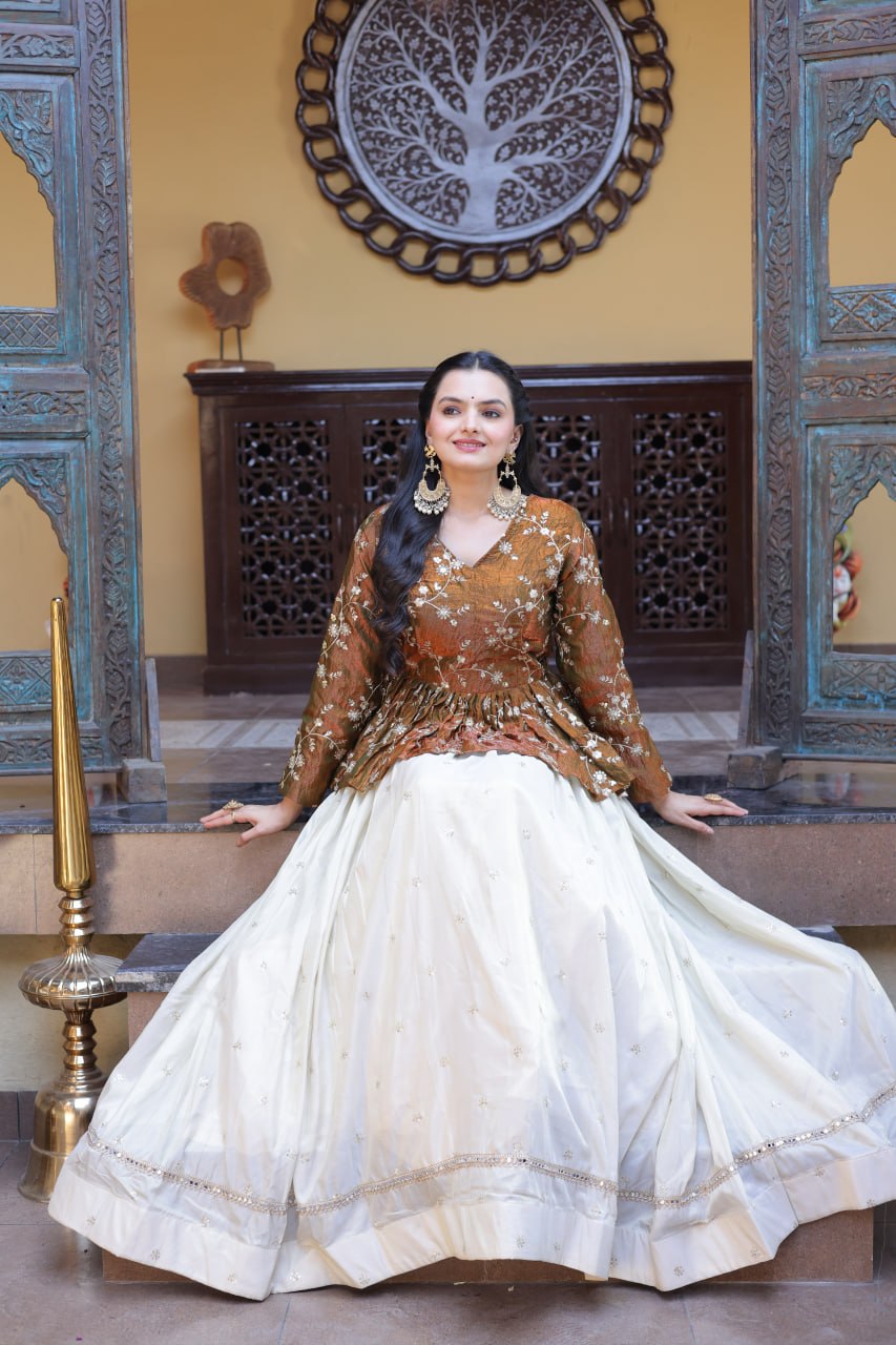 Lorenvalley Fashion Offwhite Cosmos Fabrics with Sequins & Zari Embroidered With Mirror Lace Work Lehenga Choli | Grocsy