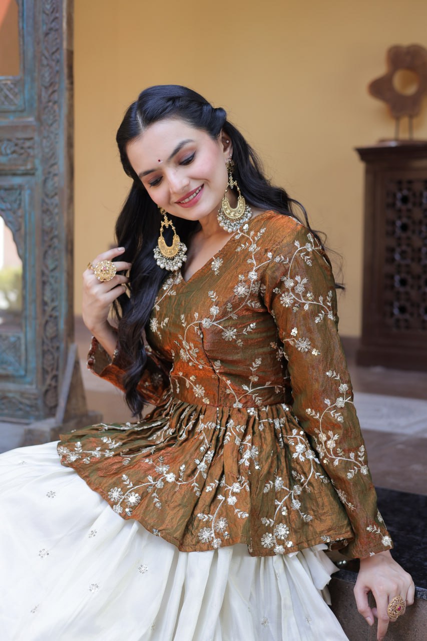 Lorenvalley Fashion Offwhite Cosmos Fabrics with Sequins & Zari Embroidered With Mirror Lace Work Lehenga Choli | Grocsy
