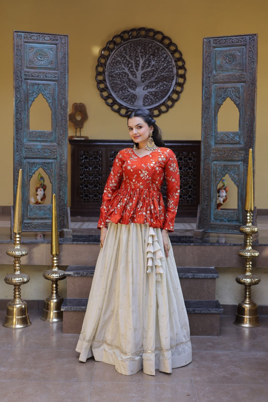 Lorenvalley Fashion Offwhite Cosmos Fabrics with Sequins & Zari Embroidered With Mirror Lace Work Lehenga Choli | Grocsy