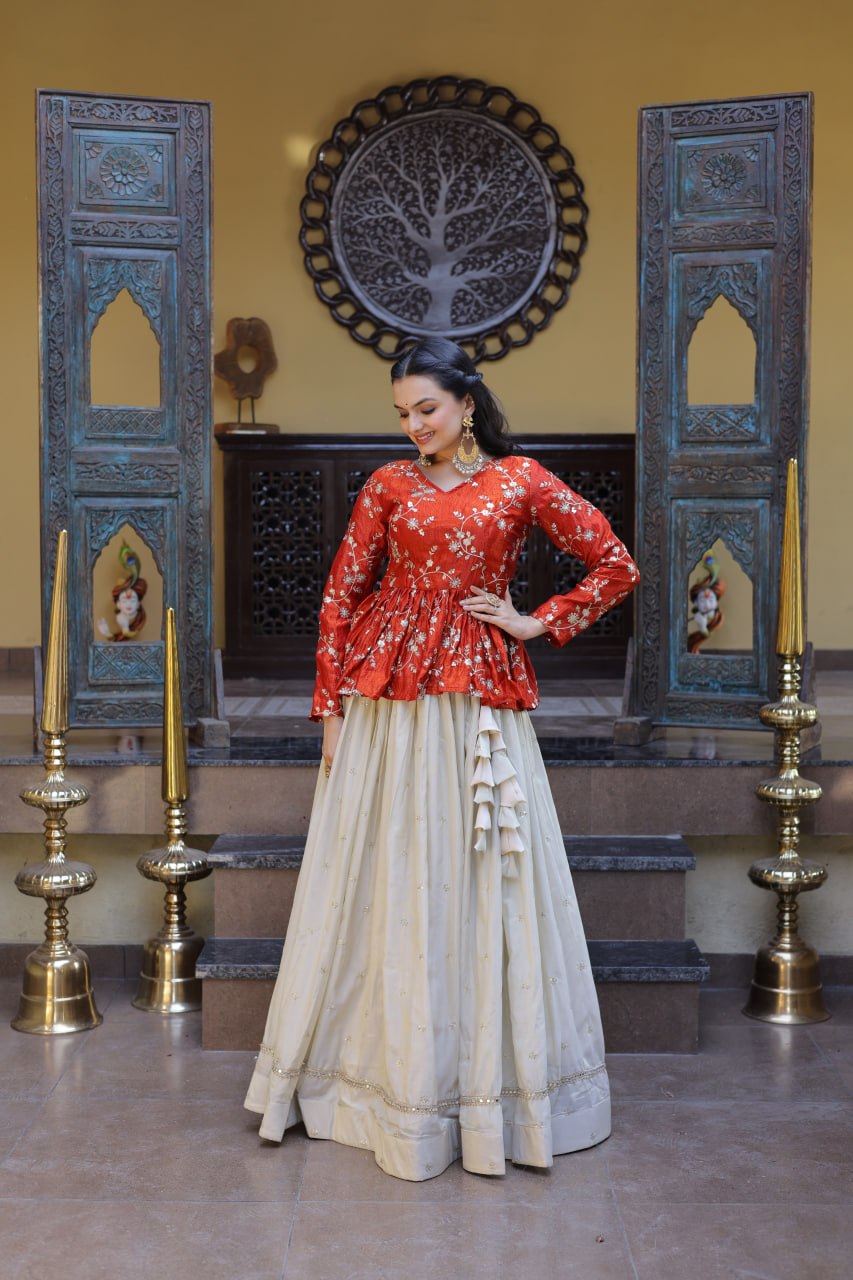 Lorenvalley Fashion Offwhite Cosmos Fabrics with Sequins & Zari Embroidered With Mirror Lace Work Lehenga Choli | Grocsy