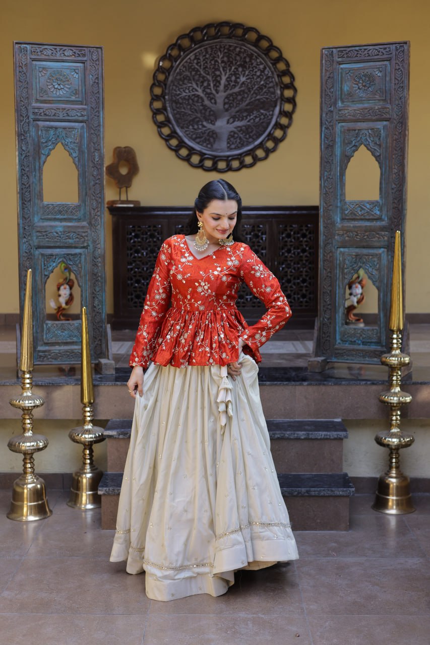 Lorenvalley Fashion Offwhite Cosmos Fabrics with Sequins & Zari Embroidered With Mirror Lace Work Lehenga Choli | Grocsy