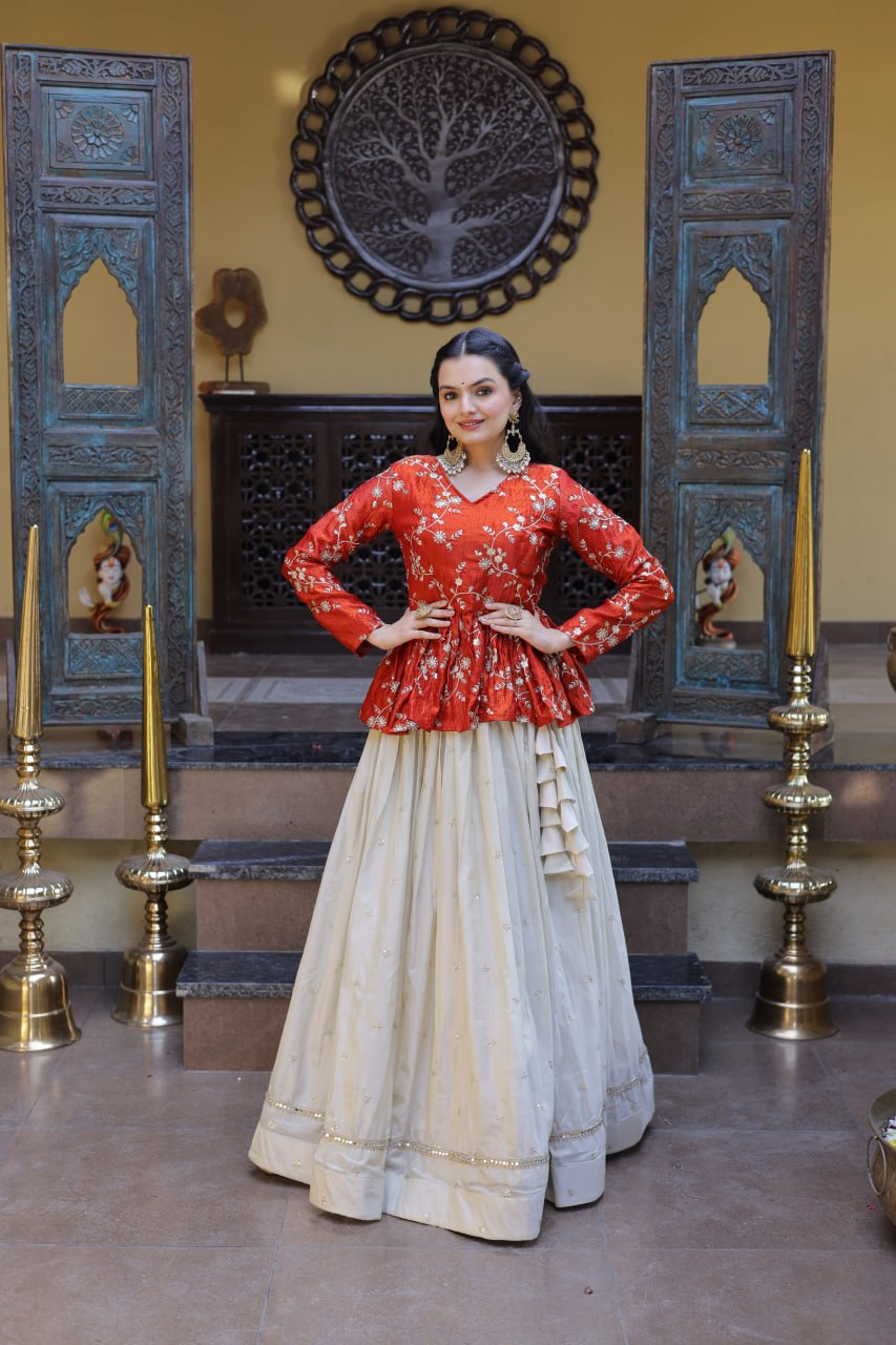Lorenvalley Fashion Offwhite Cosmos Fabrics with Sequins & Zari Embroidered With Mirror Lace Work Lehenga Choli | Grocsy