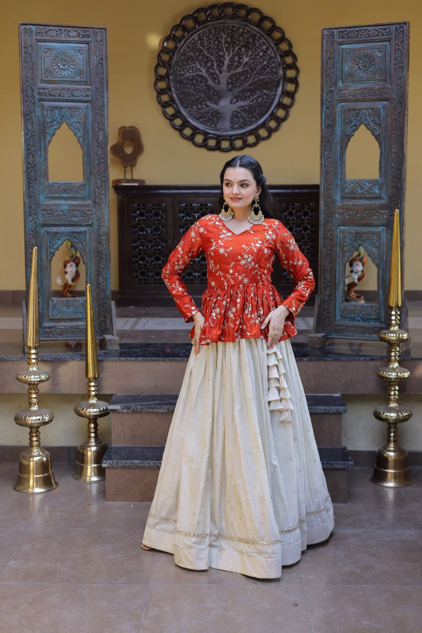 Lorenvalley Fashion Offwhite Cosmos Fabrics with Sequins & Zari Embroidered With Mirror Lace Work Lehenga Choli | Grocsy