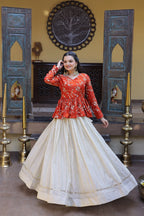 Lorenvalley Fashion Offwhite Cosmos Fabrics with Sequins & Zari Embroidered With Mirror Lace Work Lehenga Choli | Grocsy