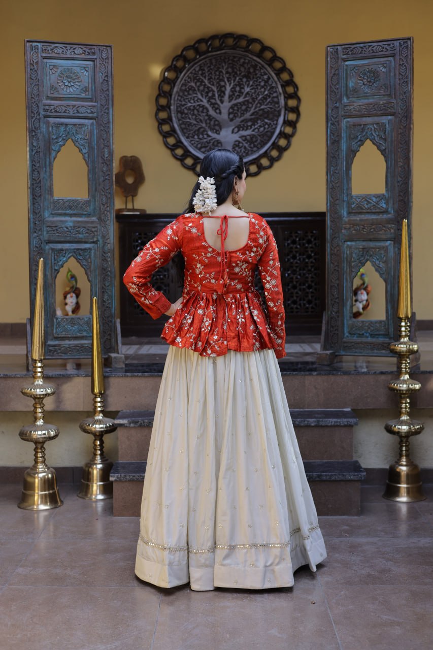 Lorenvalley Fashion Offwhite Cosmos Fabrics with Sequins & Zari Embroidered With Mirror Lace Work Lehenga Choli | Grocsy