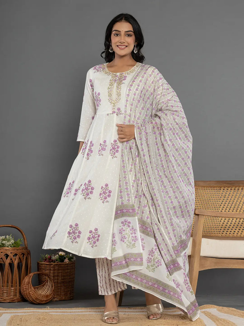 Yufta Purple & White Gota_Patti Cotton Anarkali Kurta Dupatta Pant Set | Grocsy