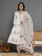 Yufta Purple & White Gota_Patti Cotton Anarkali Kurta Dupatta Pant Set | Grocsy