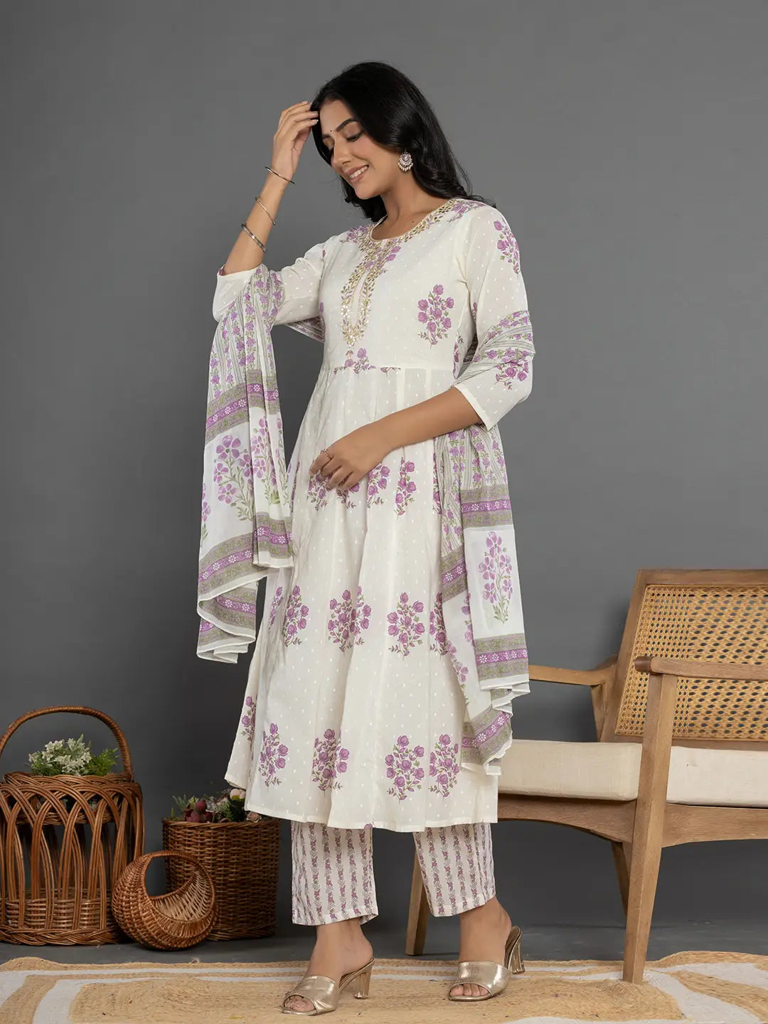 Yufta Purple & White Gota_Patti Cotton Anarkali Kurta Dupatta Pant Set | Grocsy