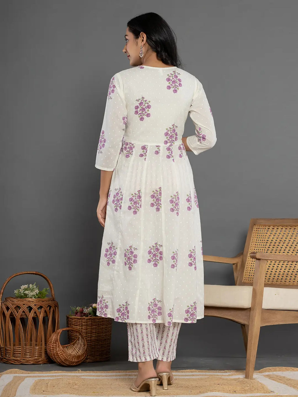 Yufta Purple & White Gota_Patti Cotton Anarkali Kurta Dupatta Pant Set | Grocsy