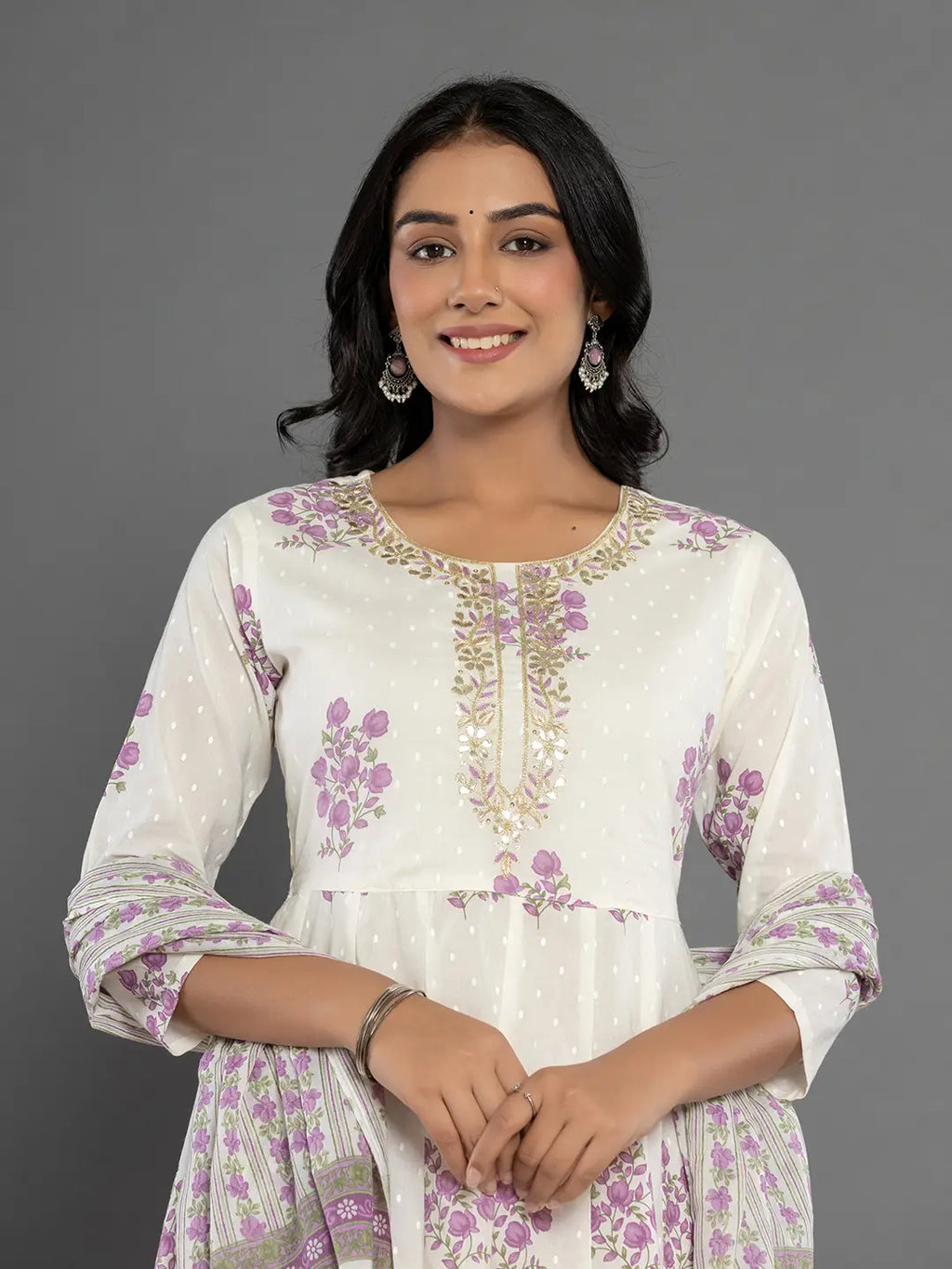 Yufta Purple & White Gota_Patti Cotton Anarkali Kurta Dupatta Pant Set | Grocsy
