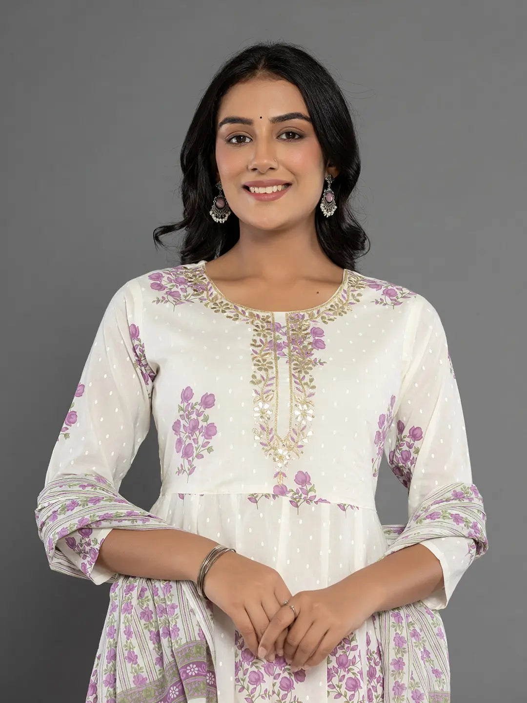 Yufta Purple & White Gota_Patti Cotton Anarkali Kurta Dupatta Pant Set | Grocsy