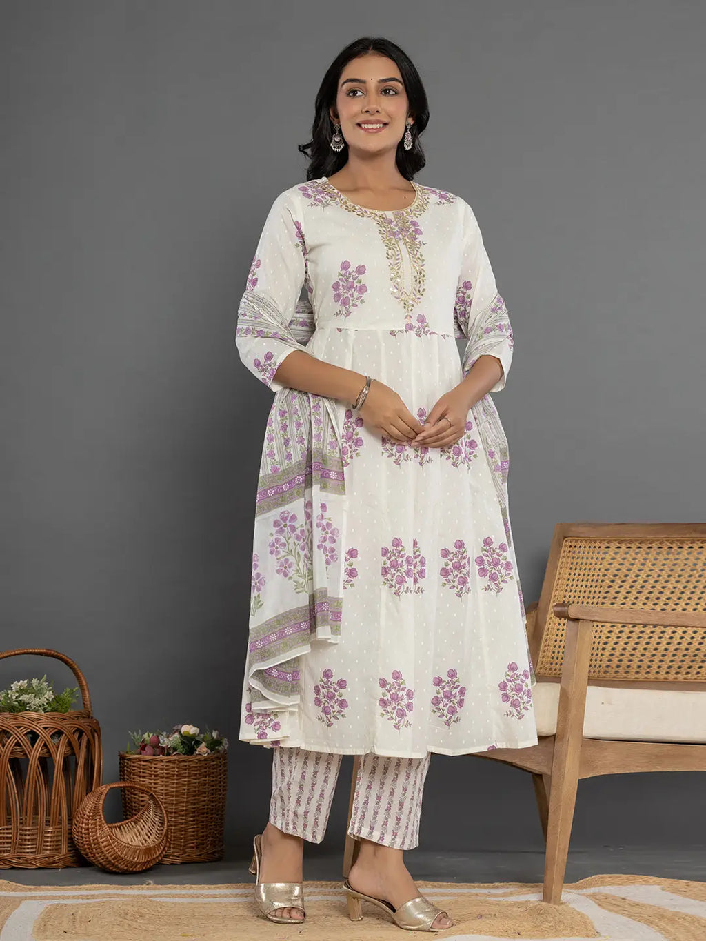 Yufta Purple & White Gota_Patti Cotton Anarkali Kurta Dupatta Pant Set | Grocsy