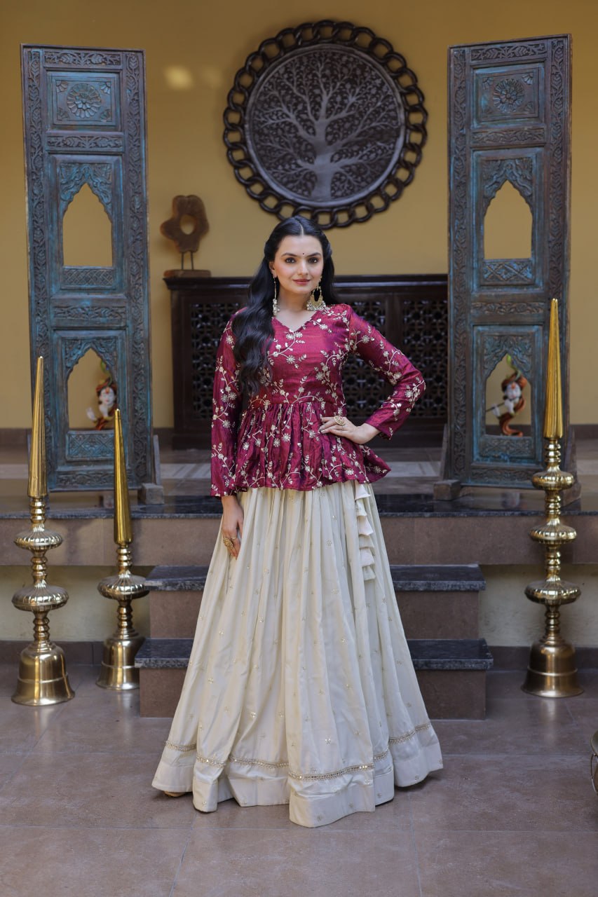 Lorenvalley Fashion Offwhite Cosmos Fabrics with Sequins & Zari Embroidered With Mirror Lace Work Lehenga Choli | Grocsy