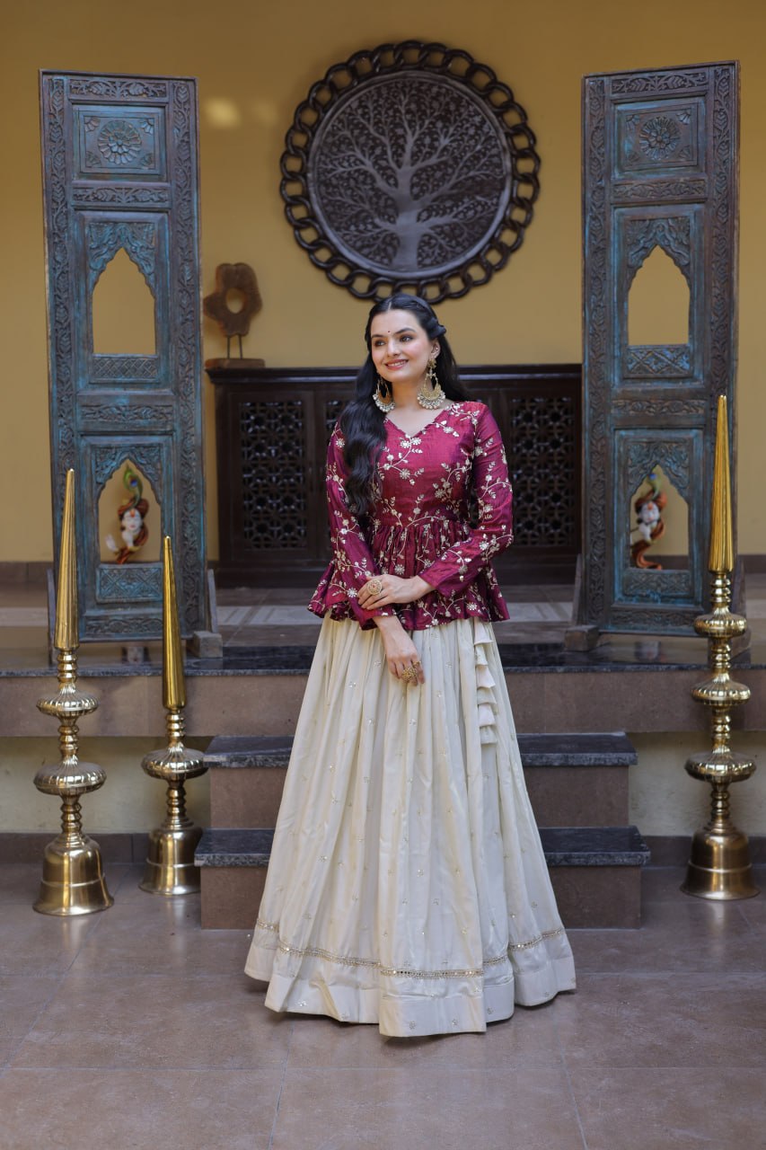 Lorenvalley Fashion Offwhite Cosmos Fabrics with Sequins & Zari Embroidered With Mirror Lace Work Lehenga Choli | Grocsy