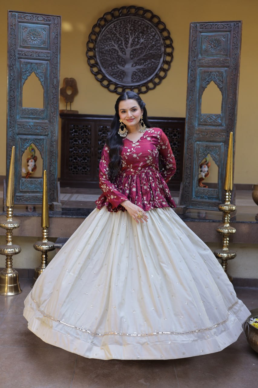 Lorenvalley Fashion Offwhite Cosmos Fabrics with Sequins & Zari Embroidered With Mirror Lace Work Lehenga Choli | Grocsy