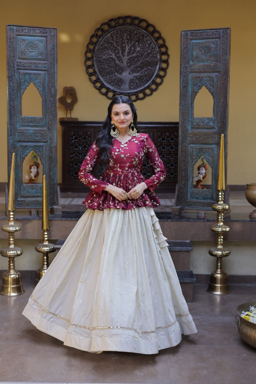 Lorenvalley Fashion Offwhite Cosmos Fabrics with Sequins & Zari Embroidered With Mirror Lace Work Lehenga Choli | Grocsy
