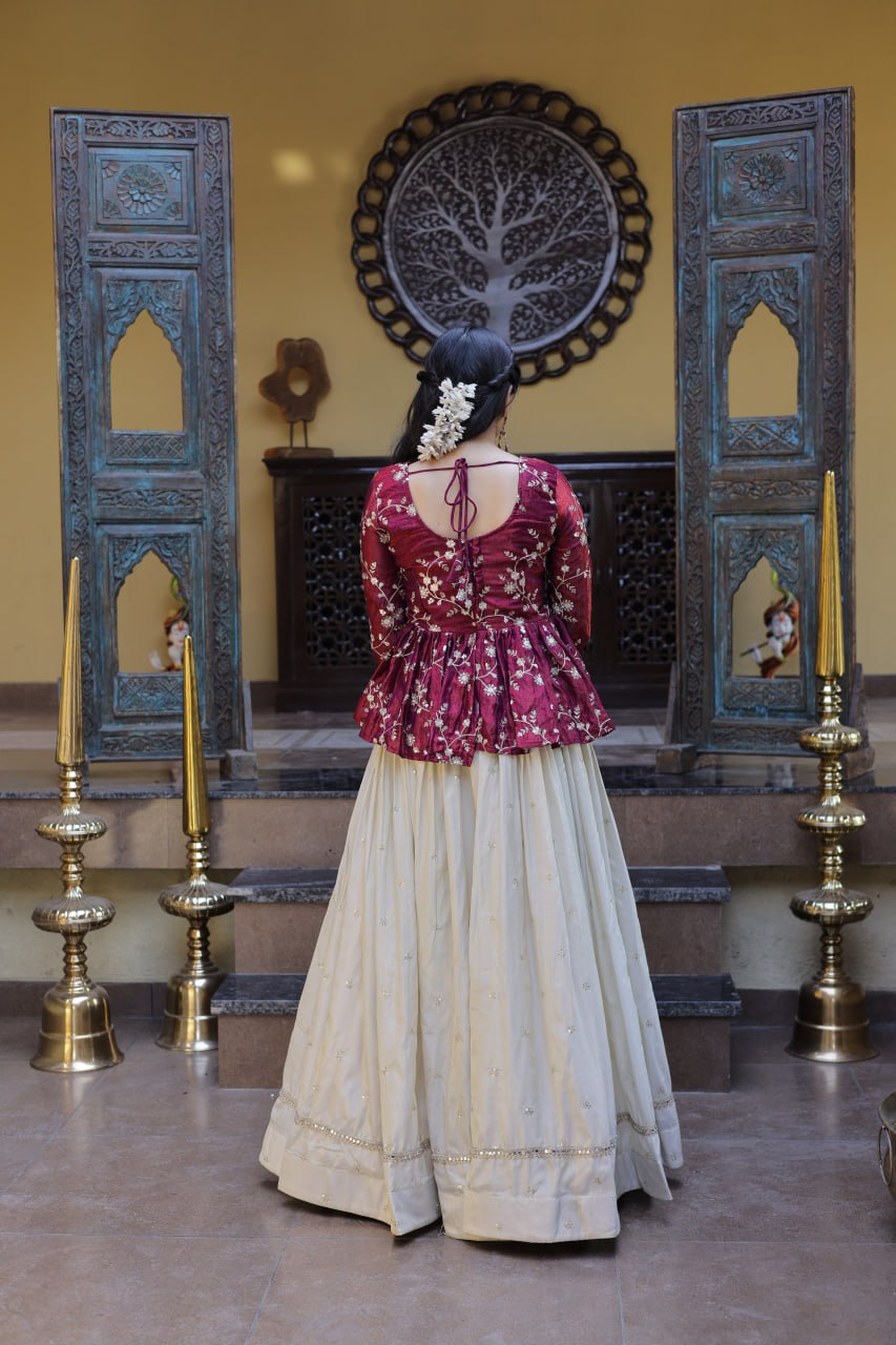 Lorenvalley Fashion Offwhite Cosmos Fabrics with Sequins & Zari Embroidered With Mirror Lace Work Lehenga Choli | Grocsy