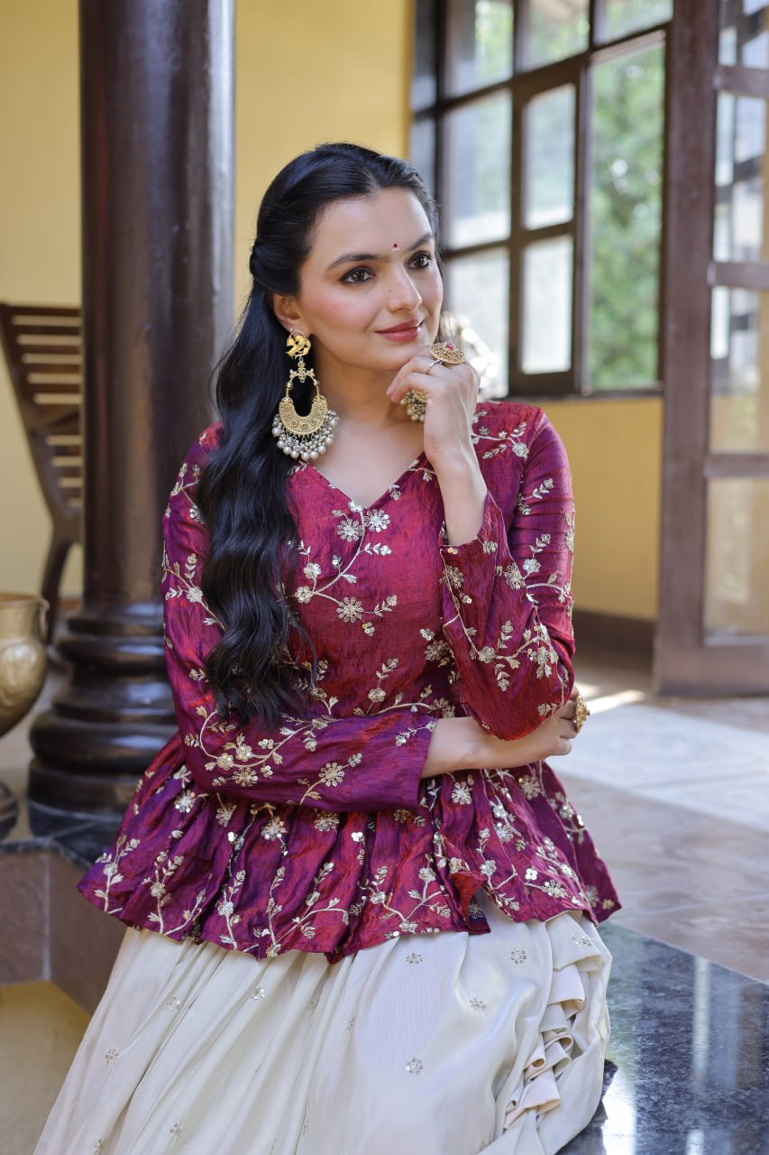 Lorenvalley Fashion Offwhite Cosmos Fabrics with Sequins & Zari Embroidered With Mirror Lace Work Lehenga Choli | Grocsy